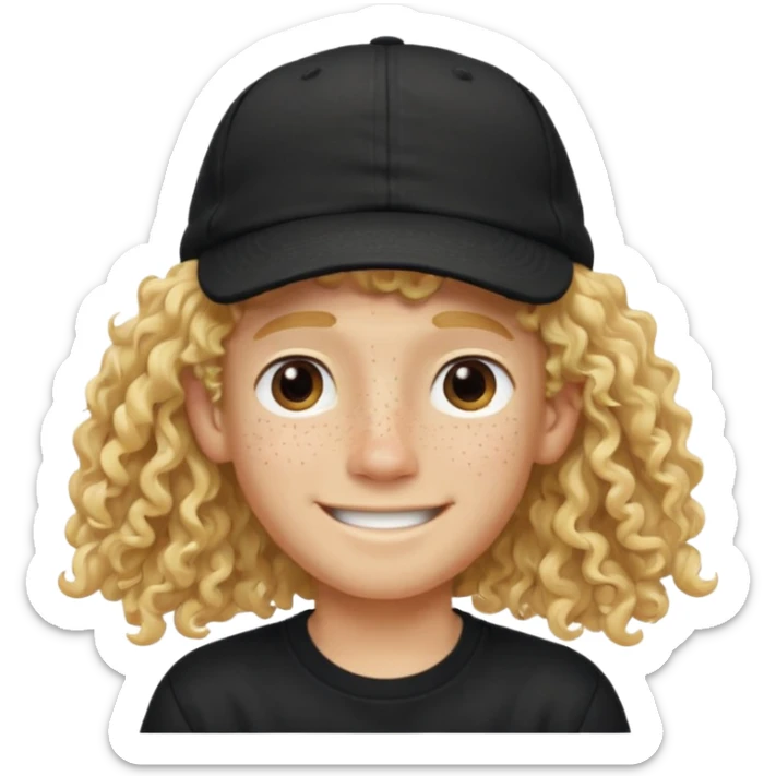 blonde boy with long curly hair past his hears and a LA hat, smiling, wearing a black shirt with freckles sticker