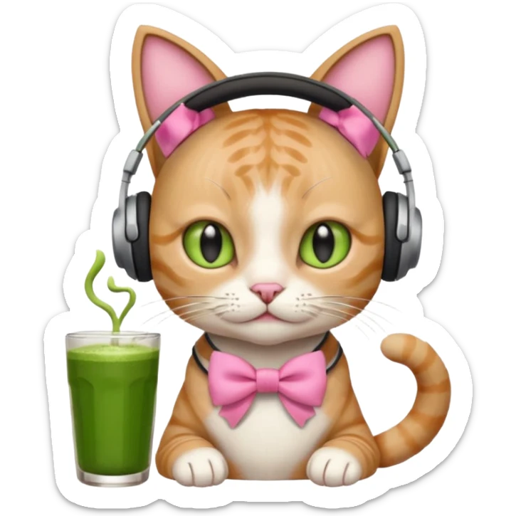 A cat wearing headphones with a glass of matcha, a pink bow on his ear sticker