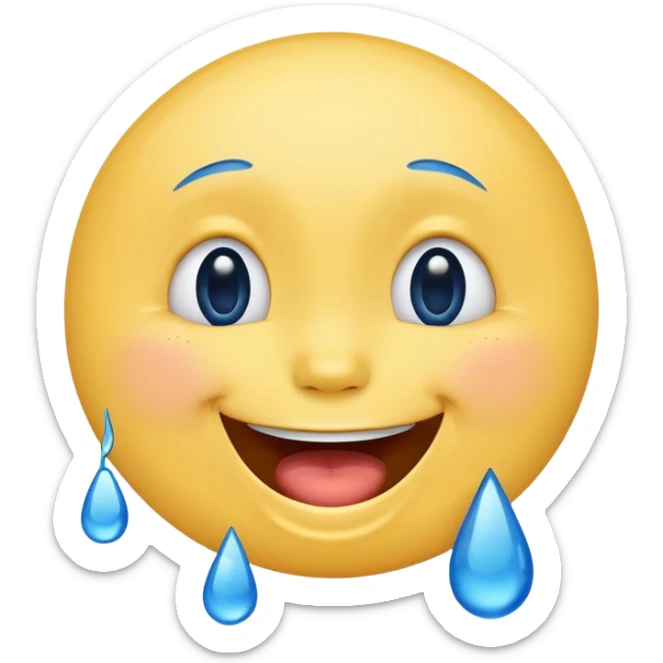 Emoji, yellow round laughing face, blue tears of joy on it. 2 big blue tears on each of the 2 cheeks sticker