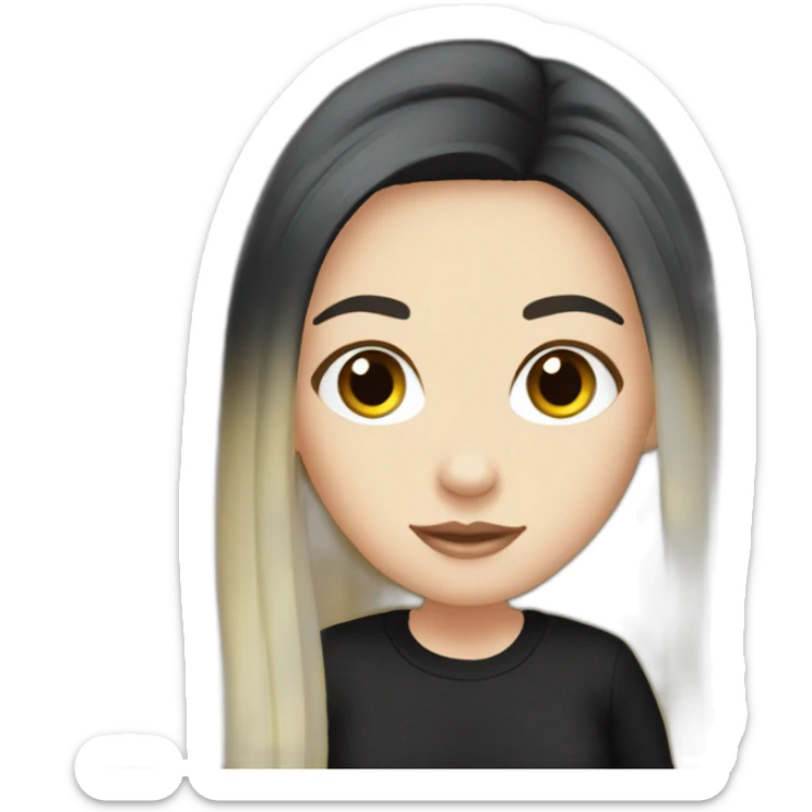 White girl with long black hair wearing an aso shirt sticker