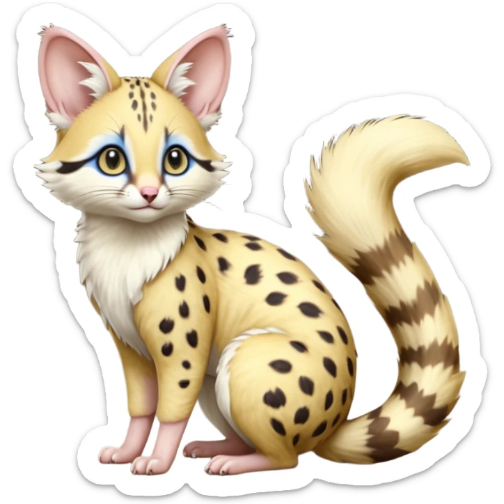 Yellow-furred, blue-eyed soft natural realistic romantic vintage antique divine beautiful elegant pretty precious cute young youthful  Fakémon-Pokémon-opossum-feline-mouse-serval-caracal-chinchilla-Minccino-Cinccino-Meowstic-rodent-hybrid-creature with a big fluffy bushy tail (full body) sticker