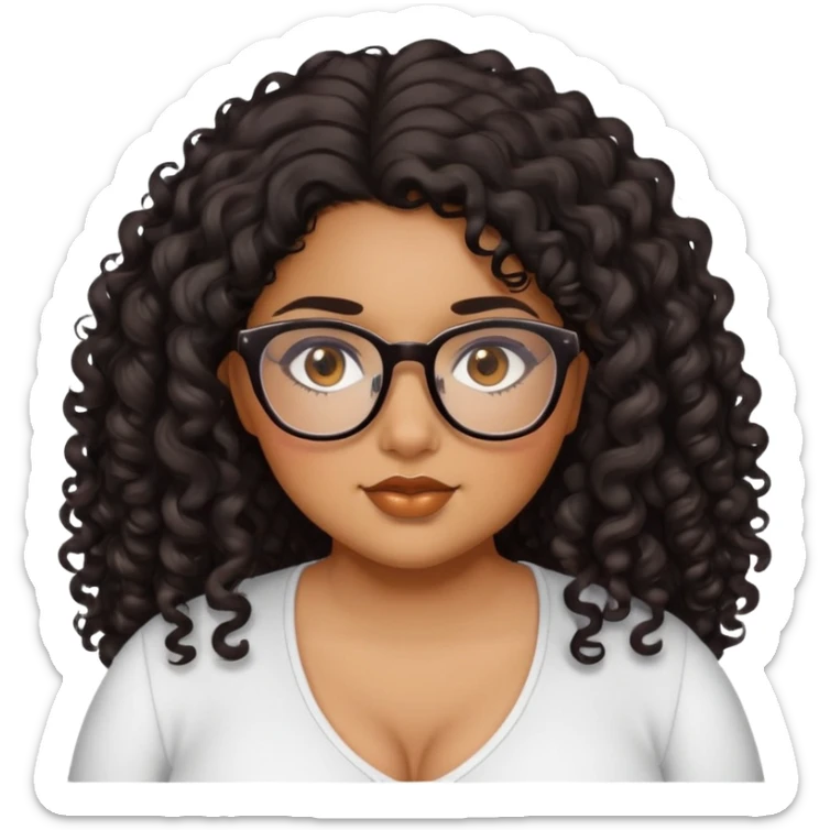 girl, caramel skin, plus size, brown eyes, black long curly hair, glasses sticker