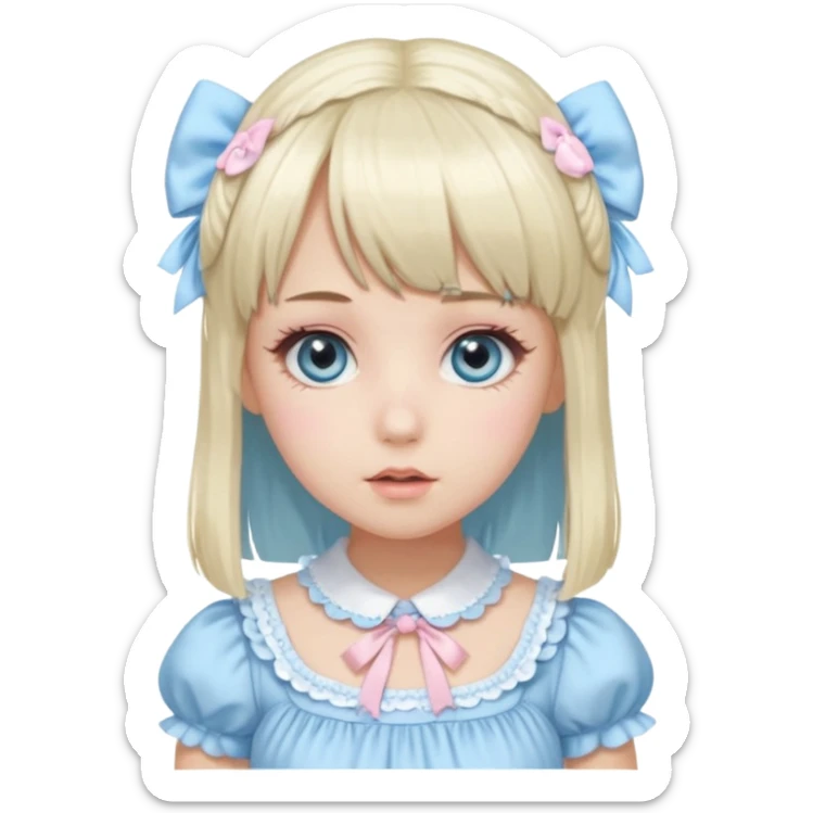 girl , who has straight hair blonde and baby bule swirled hair with bangs , grey eyes , and doll like makeup , in a light pink lolita hime gyaru dress  sticker