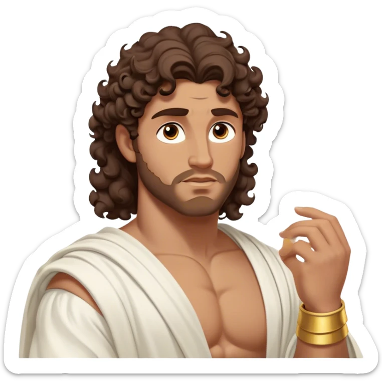 Cinematic Realistic Hercules Portrait, depicted as a classical Greek hero inspired by the Disney version yet echoing the refined proportions and serene dignity of Michelangelo's David. His idealized, tan skin glows with timeless strength, and his thick, curly wavy dark brownhair falls in natural, sculpted curls. Draped in a flowing white robe with delicate golden accents, his expressive eyes radiate determined nobility, all rendered under dynamic natural lighting with a mythic, radiant glow. sticker