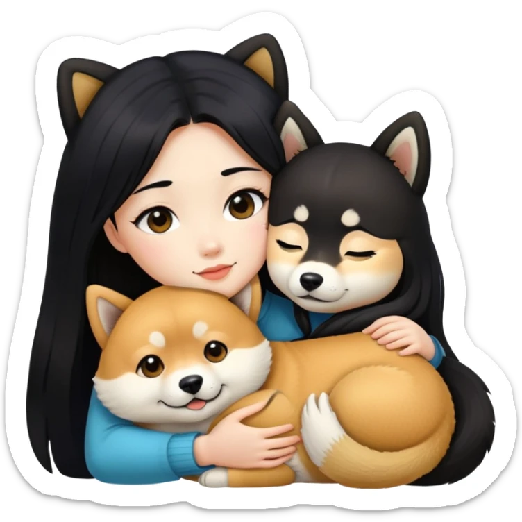 A beautiful girl with long black hair hugs a Shiba Lnu sticker