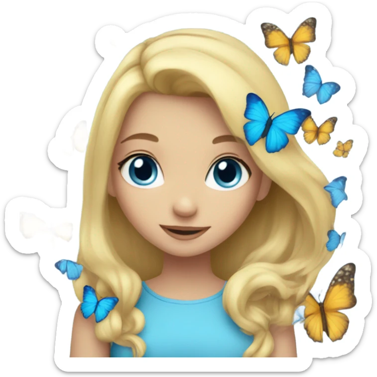Girl with blonde hair blue eyes butterflies and holding a blue heart sticker