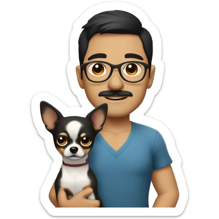 dark hair dark eye man with short mustache wearing glasses holding chihuahua sticker