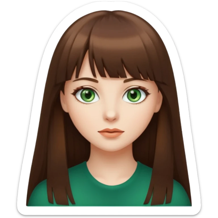 beautiful woman, straight long brown hair with bang, green eyes  sticker