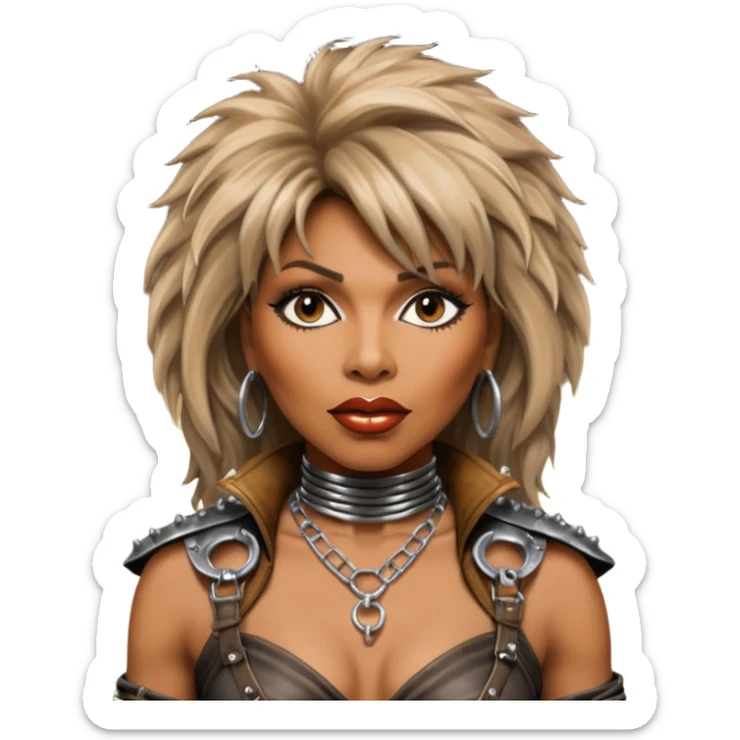 solarpunk ultra HD - portrait of Tina Turner in costume from the movie Mad Max Beyond Thunderdome, dramatic backlit by silver spotlights sticker
