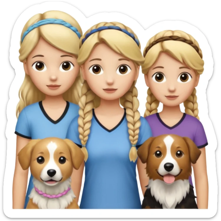 a group of 5 girls two blonde hair tied down one with a golden retriever next to her 1 blonde hair and in a braid  and one brown hair with a head band and 1 blonde hair in a small braid with a border collie next to her sticker