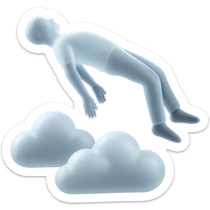 unconscious person side view flying upwards by torso, arms and legs down, very bright white fluffy convex clouds, matte glass style sticker