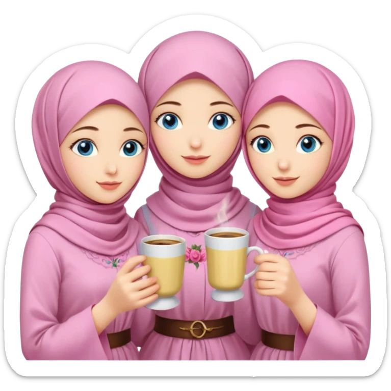 Turkish beautiful finish Konya three girls blue eyes with pink rose turkis butter yellow hijab islamic dress and had on her hand turkish coffee   sticker