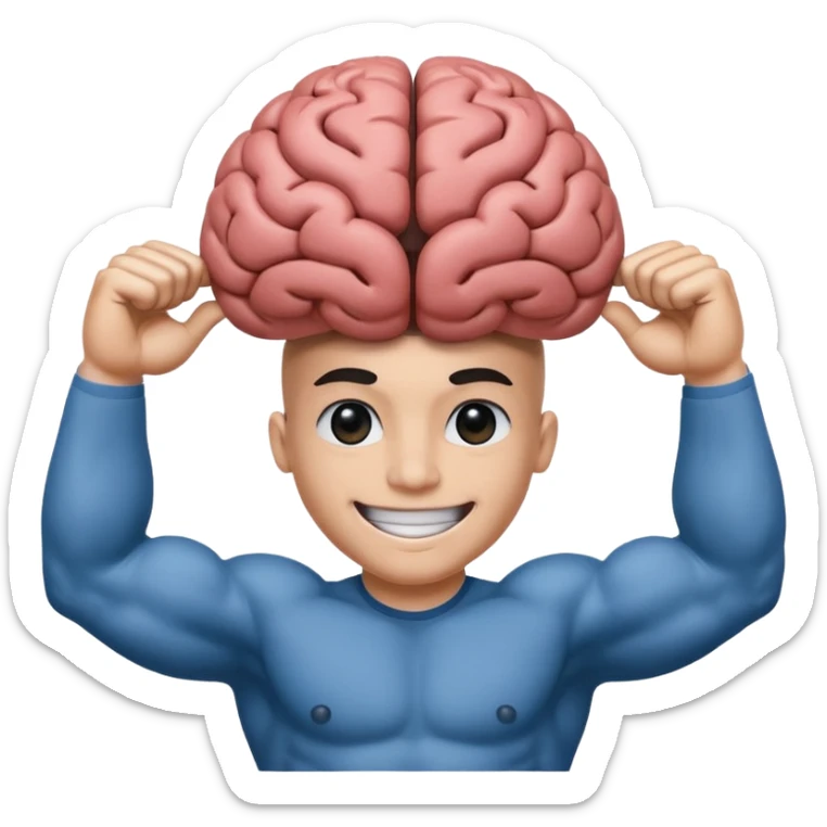 Un cerveau avec un immense sourire blanc, de beaux yeux noirs et de gros bras musclés qui sortent du cerveau sticker