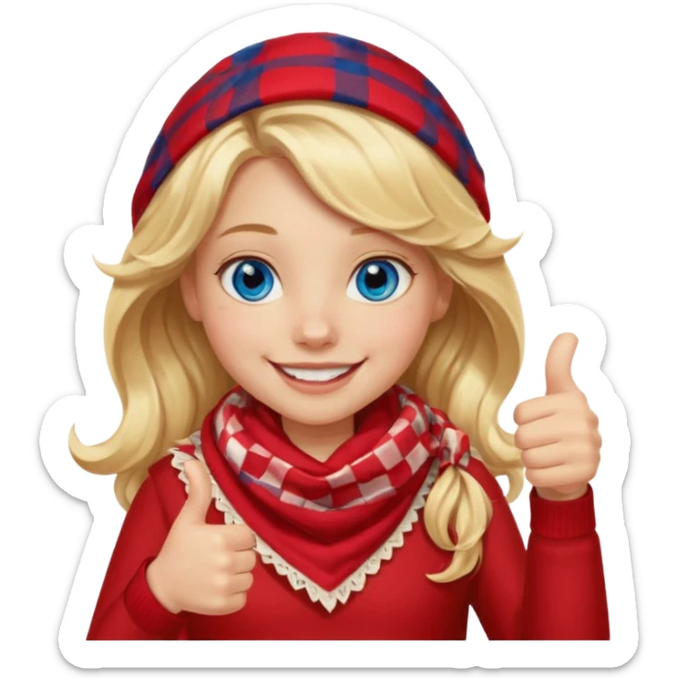 Blonde Girl, Blue Eyes, wavy hair, smiling, thumbs up, wearing red Checkered Triangle scarf sticker