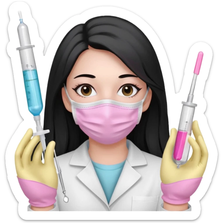 laboratorista con guantes rosa pastel y mascarilla rosa pastel jeringa tubo laboratorio sin lentes pelo lacio negro y largo sticker