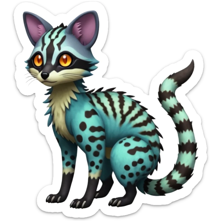 Rare warm-colored lush exotic edgy epic aesthetic gloomy spooky dark modern colorful cyber-Genet-Trico-species-Fakemon-hybrid-creature, with beautiful intricate markings, full body sticker