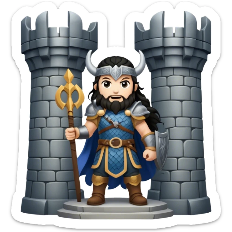vikingo con armadura de Asgard, pelo negro ondulado, de pie, grito de guerra en torre de Asgard. sticker