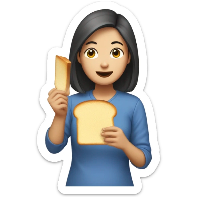 “A medium-length haired Asian woman holding a piece of toast with an egg on it in her mouth.” sticker