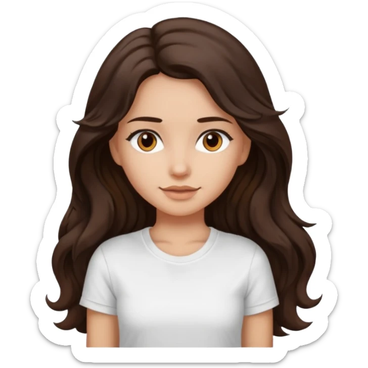iOS style emoji. A girl with very long dark brown wavy hair. And the eyes color is dark brown. And she is wearing white t shirt  sticker
