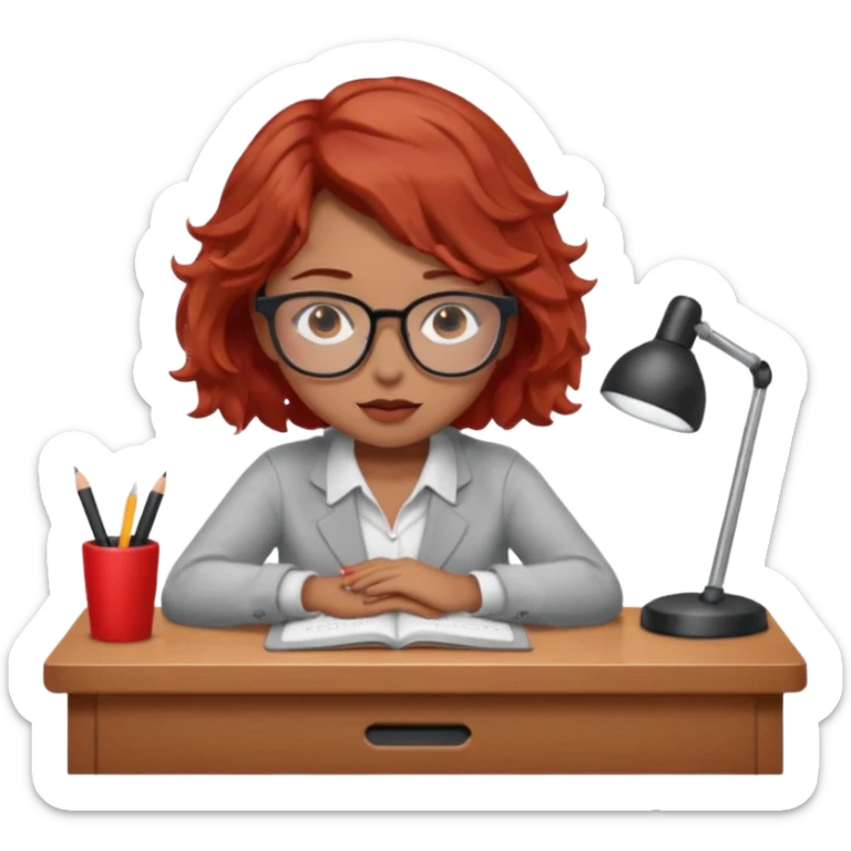 Pretty model, brown eyes, soft red short wavy hair, falling asleep at desk, wearing glasses sticker
