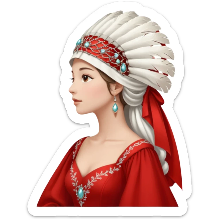 mujer de perfil con un vestido rojo de manga y falsas largas y voluptosas, y una toca blanca GRANDE que no se le ve la cara porque la toca la cubre sticker