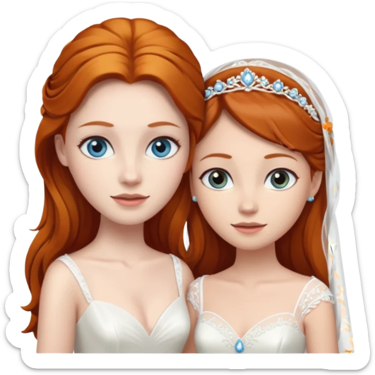 A ginger woman with blue eyes, marrying a taller woman with dark brown hair and hazel eyes, both in wedding dresses. sticker