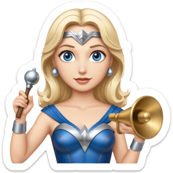 Blonde blue eyes Wonder Woman holding bell and short white orchestra conductor’s baton  sticker