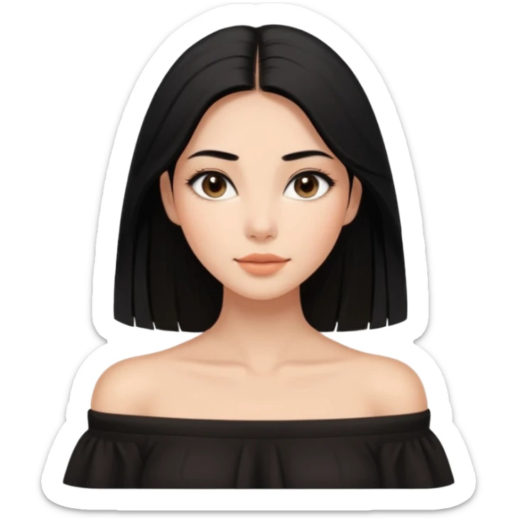 A realistic 3D avatar of a young woman with a soft oval face, slim cheeks, natural almond eyes, long straight black hair, minimal makeup, wearing a black off-shoulder top, elegant and aesthetic, tanned skintone. sticker