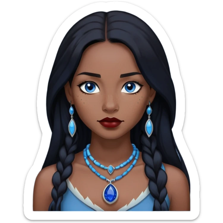woman katara native american blue eyes dark skin freckles dark black long hair reddish lipstick necklace with sapphire pendant sticker