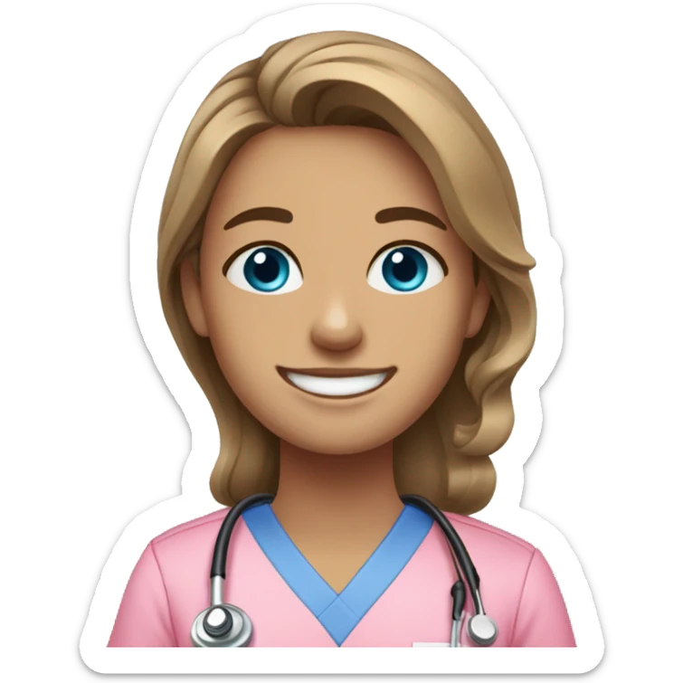Brown wavy long hair and big blue eyes girl wearing pink scrubs smiling  sticker