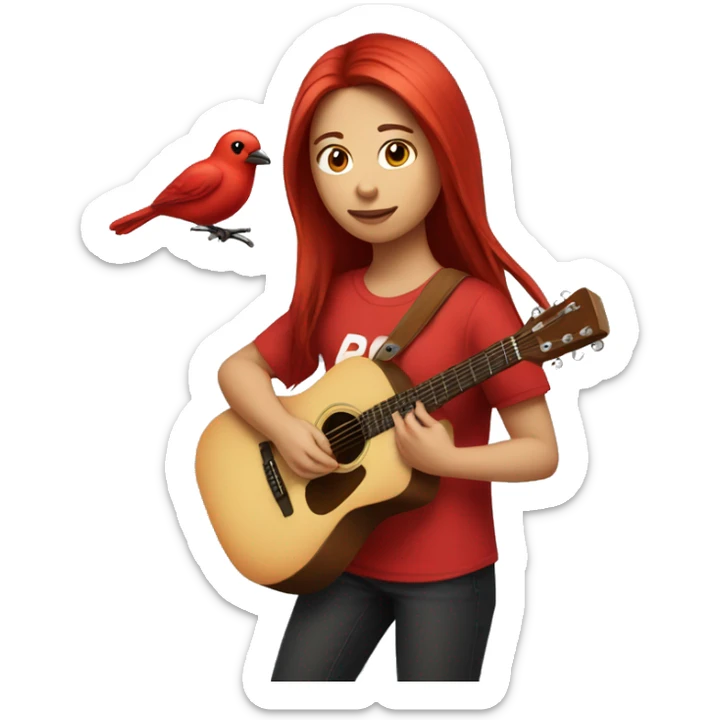 Girl red colored medium long hair with a red shirt playing guitar and she has a bird on her shoulder sticker