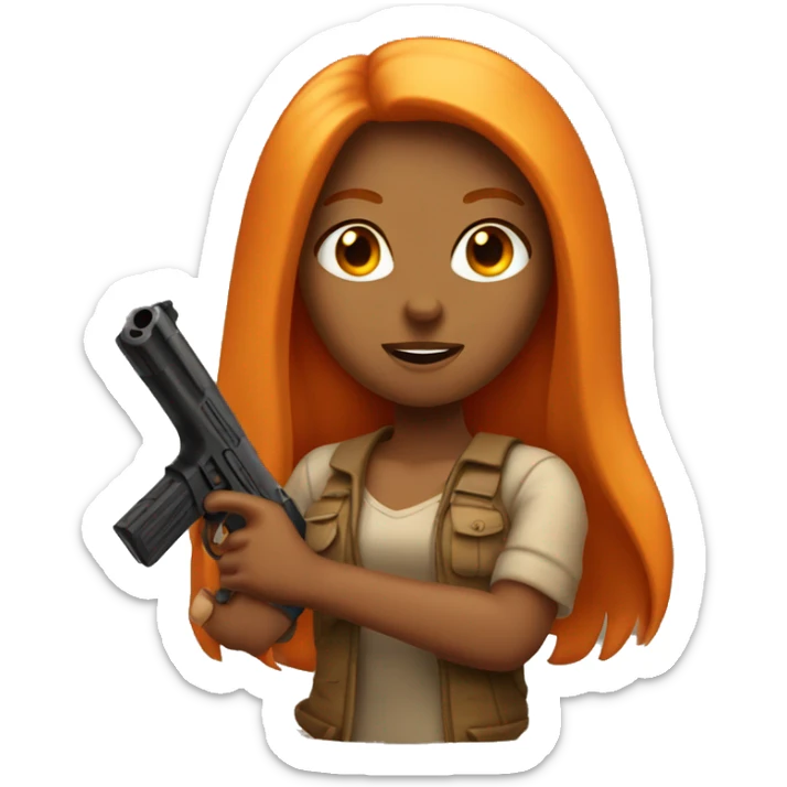 Tan girl with long orange hair holding a gun sticker
