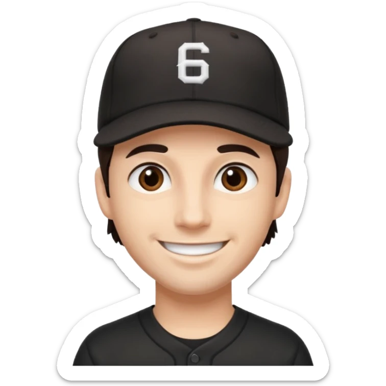 male, dark brown hair, dark brown eyes, fair skin, black baseball hat sticker