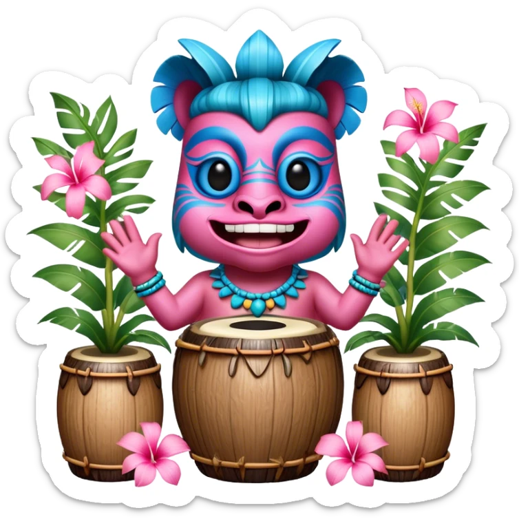 Pixar style little Blue and pink tiki singing with bongos and tropical flowers, ultra detailed and lifelike imagery, realistic sticker