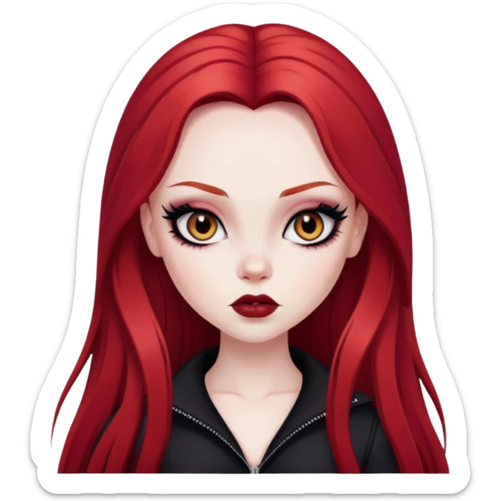 goth red long hair, pale skin,  brown iris, pretty bratz baddie, strong black eyeliner sticker