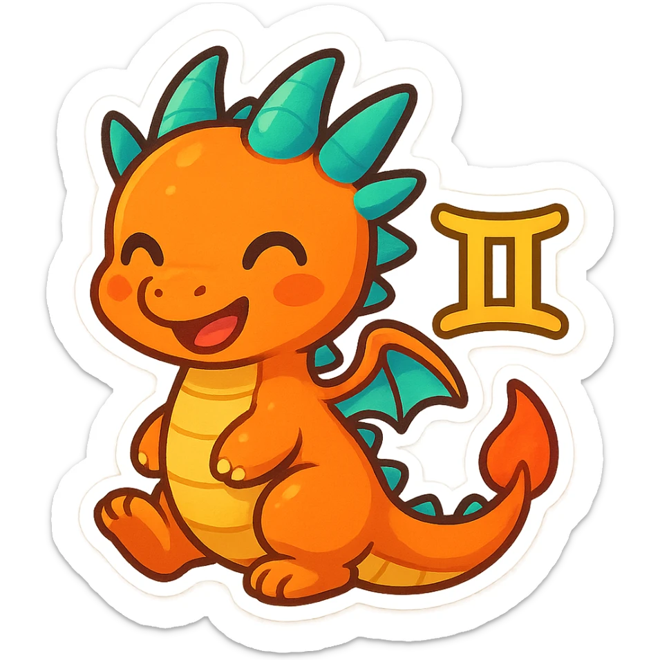 a cute dragon with Gemini twins symbol, vibrant emoji style, colorful, adorable sticker