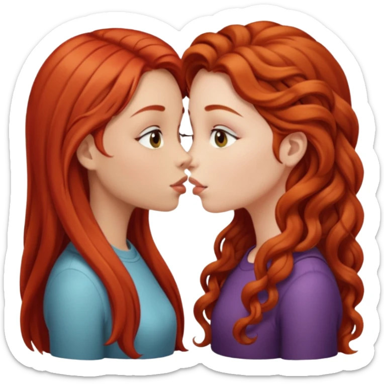 two girls kissing, one with long straight red hair, the other with long curly light brown hair sticker