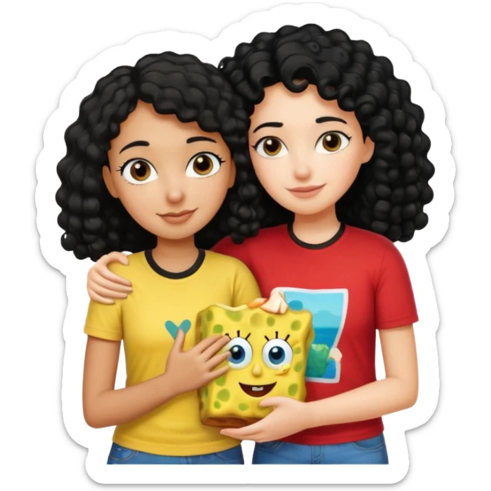 brown girl with black curly hair hugging a white girl with black straight hair and they’re both wearing spongebob shirts  sticker
