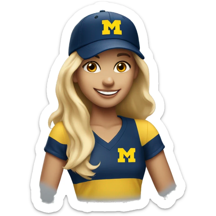 Blonde girl with blue eyes smiling wearing University of Michigan ball cap sticker