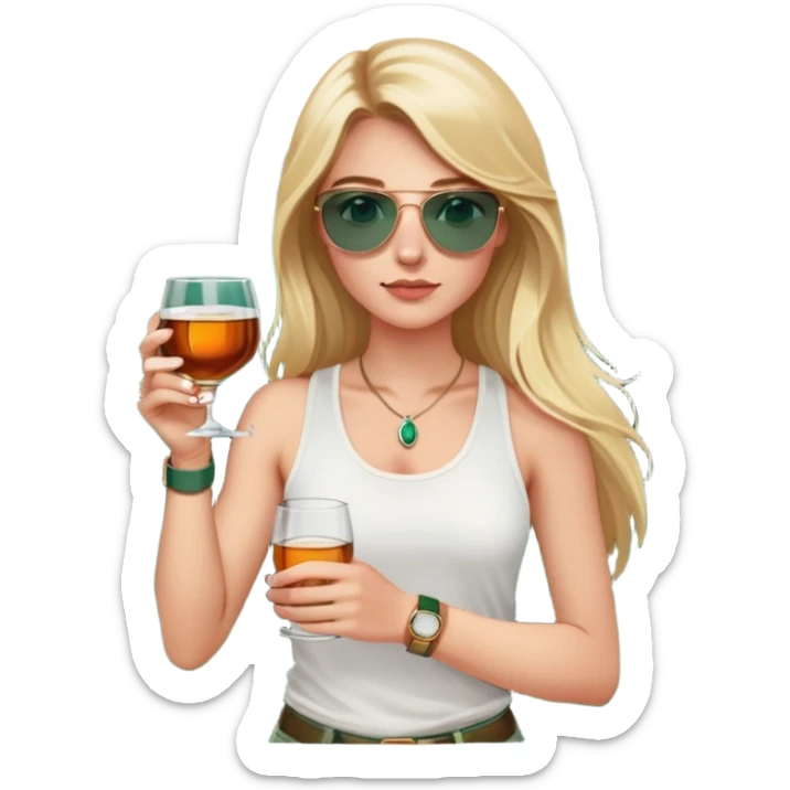 girl with long blond hair
with blue eyes
and aviator sunglasses
wearing white tank top 
holding a glass of whiskey 
wearing rose gold apple watch with forest green band  sticker