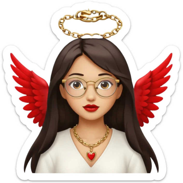 Angel girl with eyeglasses and Middle parted hair long dark hair with red lipstick  and push gold necklaces and dark eyes with withe wings sticker
