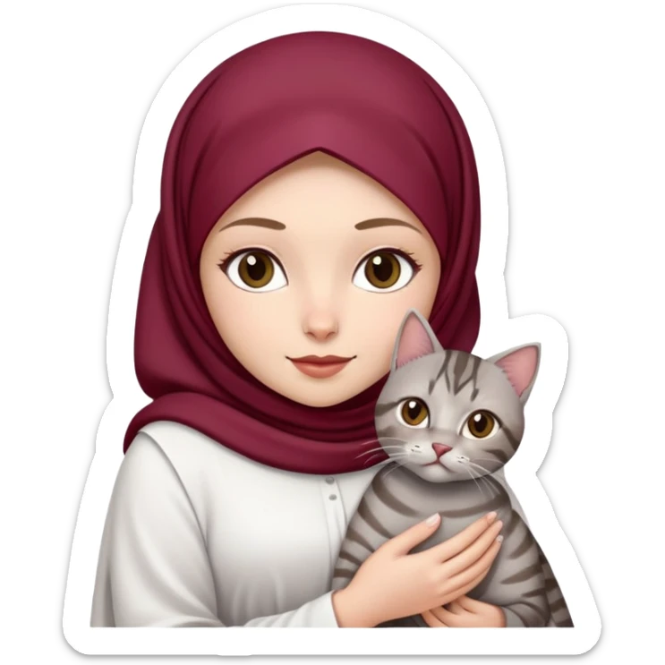 White girl wearing maroon hijab with white dress holding a black and grey tabby cat sticker