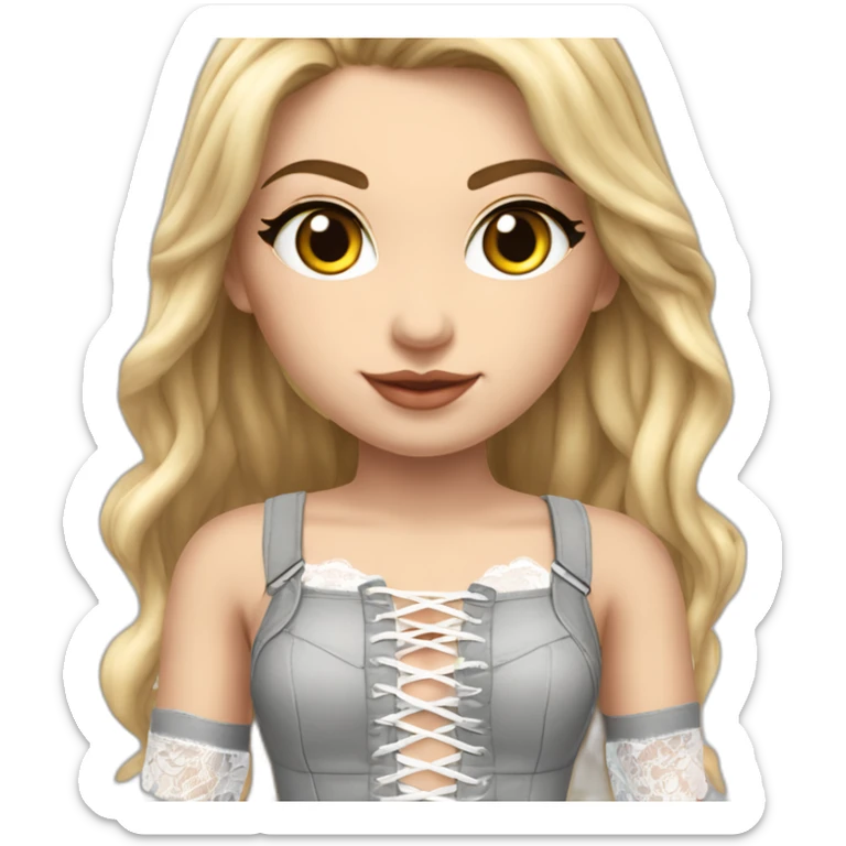 hyperrealistic caucasian blonde female, long straight hair, white lace-up crop bustier, grey tight mini skirt, full view sticker