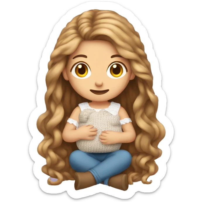 woman with very long light brown hair sitting on the ground crocheting baby clothes sticker