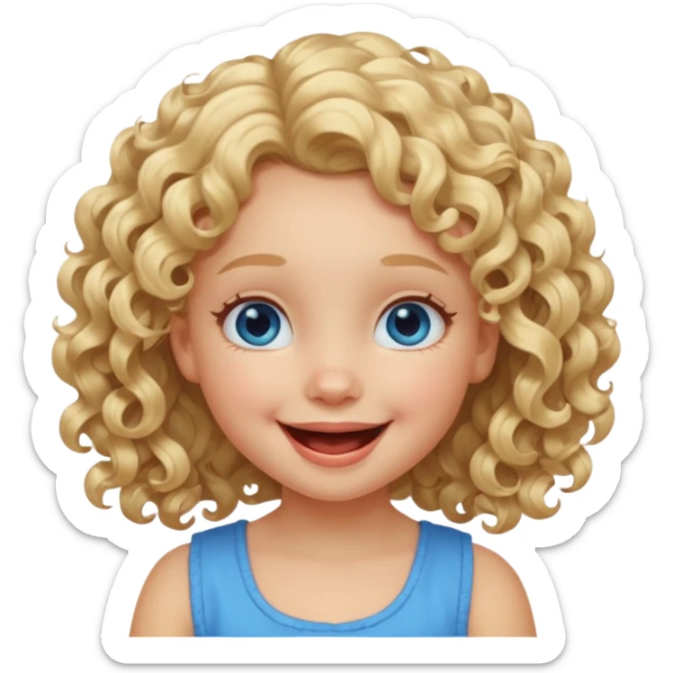Cutest little  girl with curly blonde hair, dimple in right cheek, blue eyes, laughing sticker