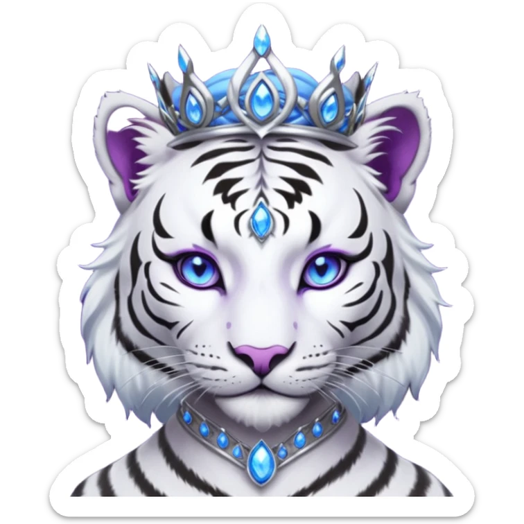 ESO Female white/black tiger khajiit leader of the umbral rose, glowing blue eyes, glowing blue 'third eye' gem; beautiful desined purple gemmed silver tiara sticker