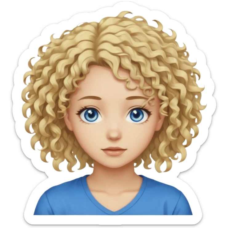This is a 2D digital anime-style portrait of a female, caucasian, 29 years old light skin. The person has messy stray blond curly hair, round blue eyes.  sticker