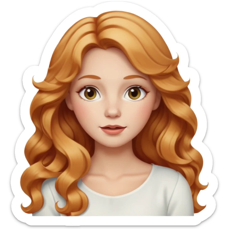 white adult woman with strawberry blonde super long wavy hair, white top, blushed cheeks sticker