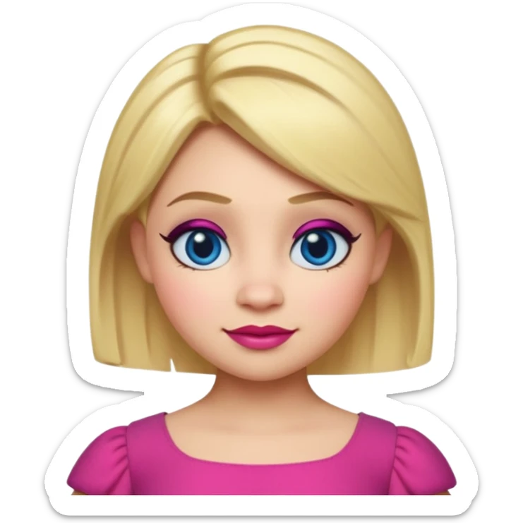 "Create an emoji-style character of Doris from Shrek — the tall barmaid with short blonde hair, bold makeup (blue eyeshadow, red lipstick), and a pink dress. Make her look confident and friendly, with a cartoonish round face and expressive emoji-like features. sticker