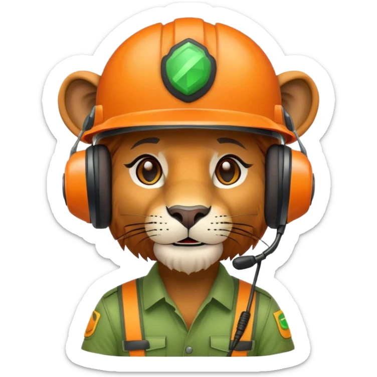 Head of Simple cute Lion wear helmet and call center headset in green and orange theme in 2d sticker